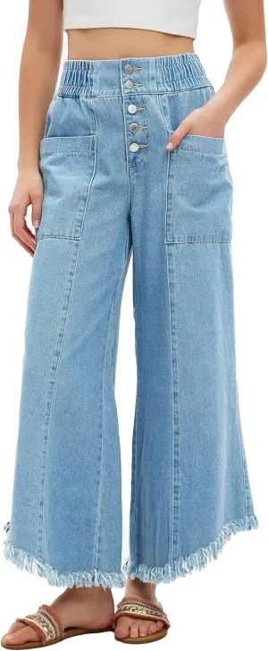 Women's Cropped Wide Leg High Waisted Baggy Jeans Raw Hem Button Closure Denim Pants with Pockets