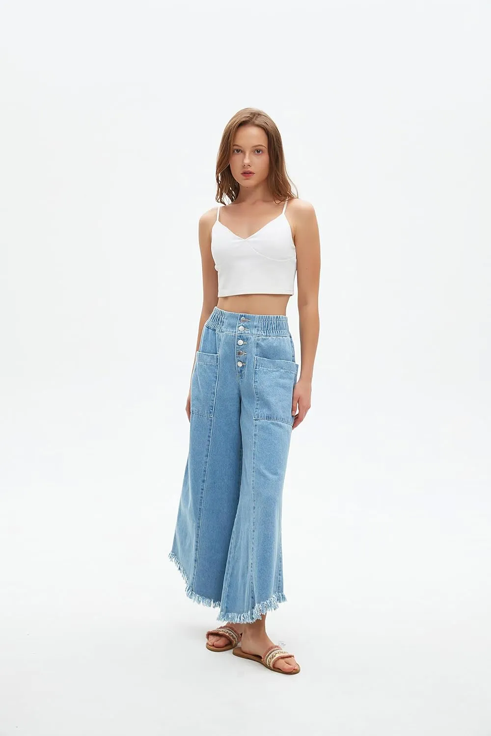 Women's Cropped Wide Leg High Waisted Baggy Jeans Raw Hem Button Closure Denim Pants with Pockets