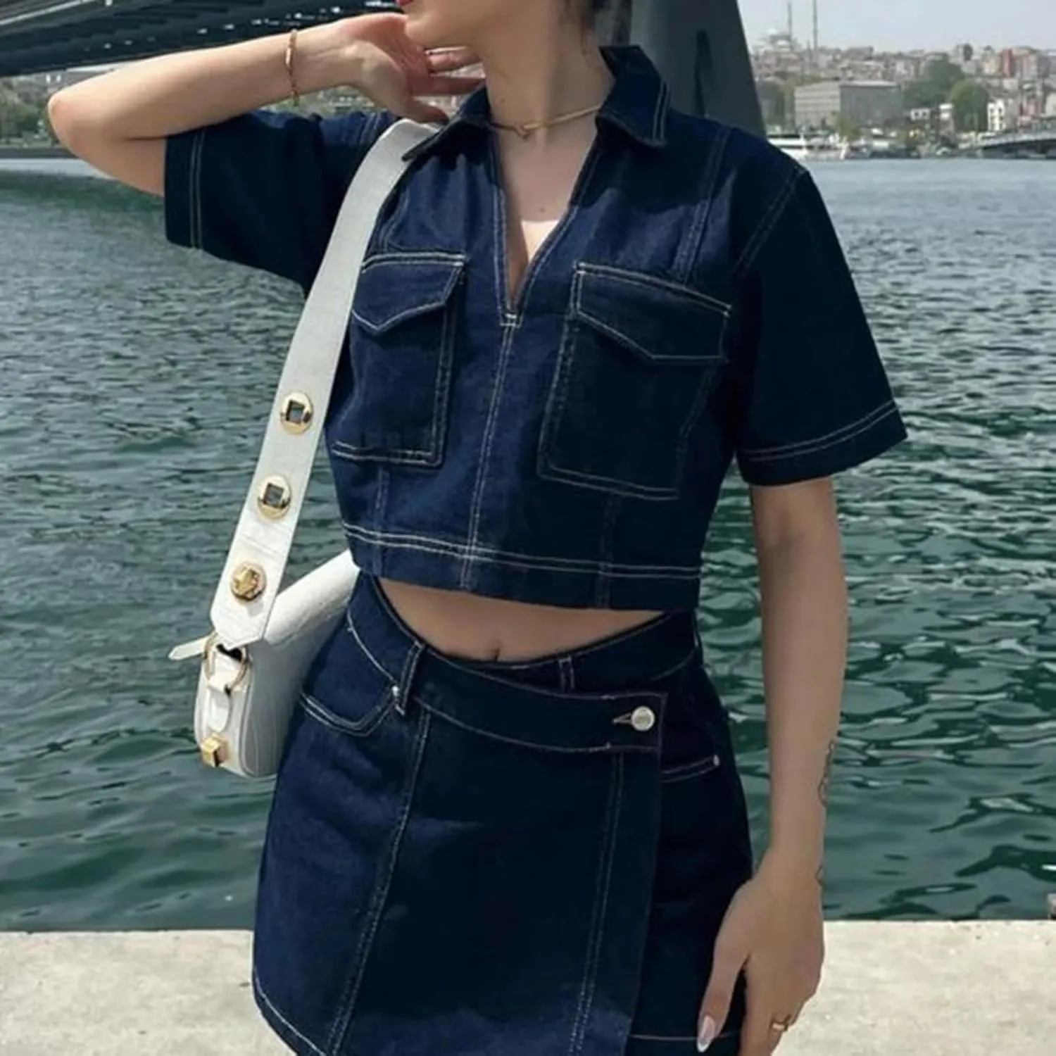 Women's Denim 2 Piece Outfits Summer Short Sleeve Lapel V Neck Crop Top High Waisted Jean Mini Skirt Shorts Set