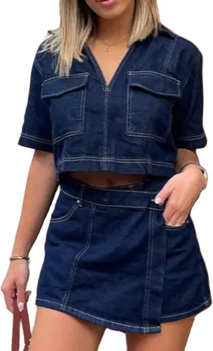 Women's Denim 2 Piece Outfits Summer Short Sleeve Lapel V Neck Crop Top High Waisted Jean Mini Skirt Shorts Set