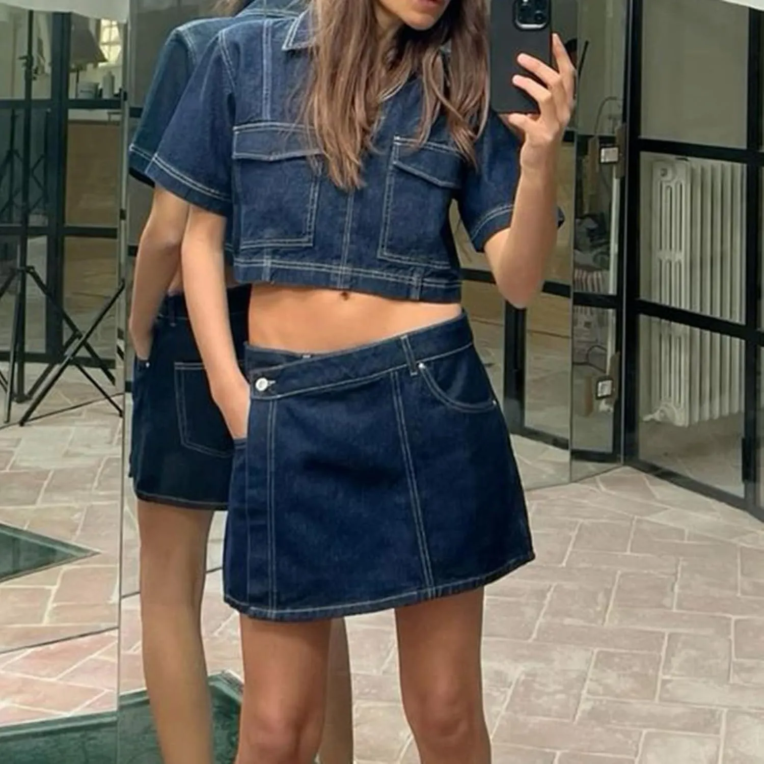 Women's Denim 2 Piece Outfits Summer Short Sleeve Lapel V Neck Crop Top High Waisted Jean Mini Skirt Shorts Set