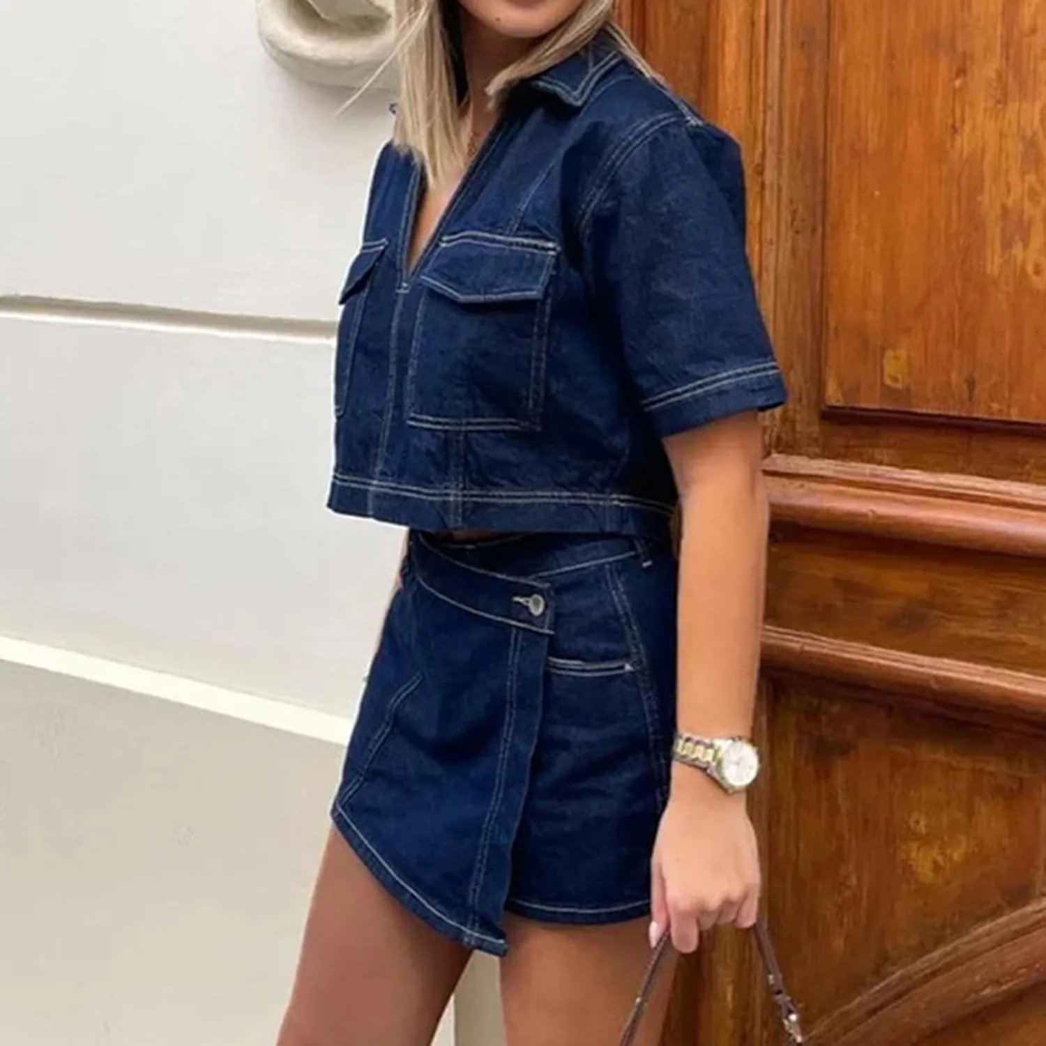 Women's Denim 2 Piece Outfits Summer Short Sleeve Lapel V Neck Crop Top High Waisted Jean Mini Skirt Shorts Set