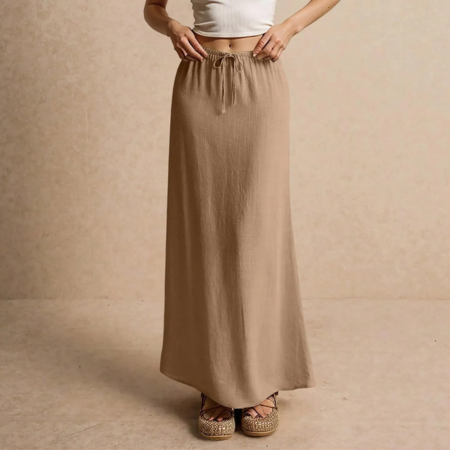 Women's High Waist Linen A-Line Maxi Skirt - Flowy Summer Skirts with Pockets, Casual & Trendy