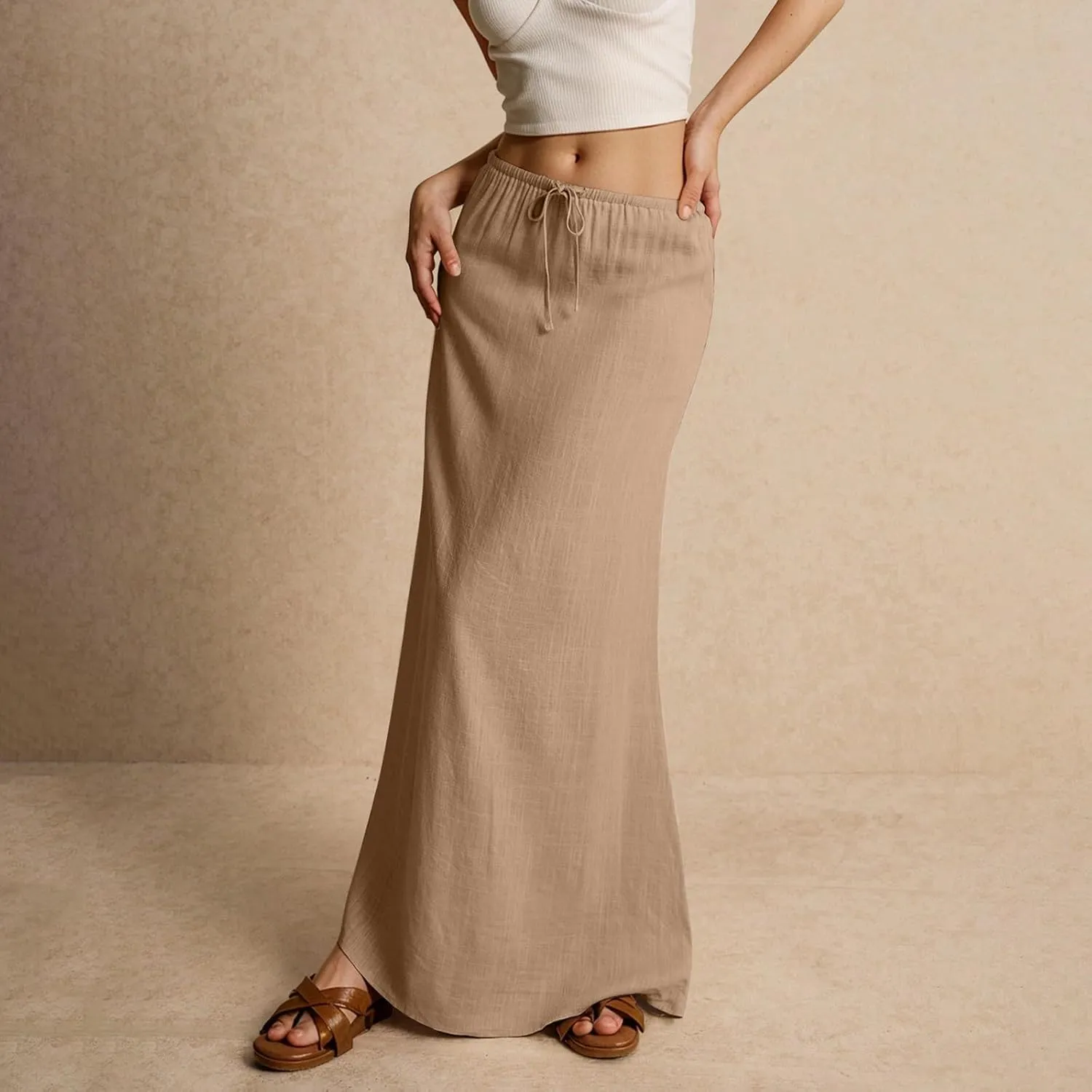 Women's High Waist Linen A-Line Maxi Skirt - Flowy Summer Skirts with Pockets, Casual & Trendy