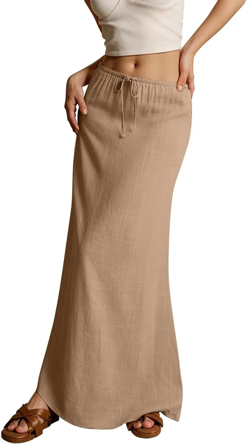 Women's High Waist Linen A-Line Maxi Skirt - Flowy Summer Skirts with Pockets, Casual & Trendy