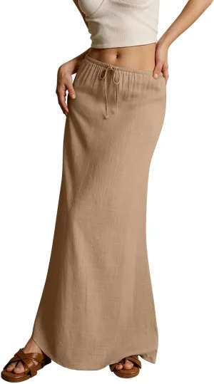 Women's High Waist Linen A-Line Maxi Skirt - Flowy Summer Skirts with Pockets, Casual & Trendy