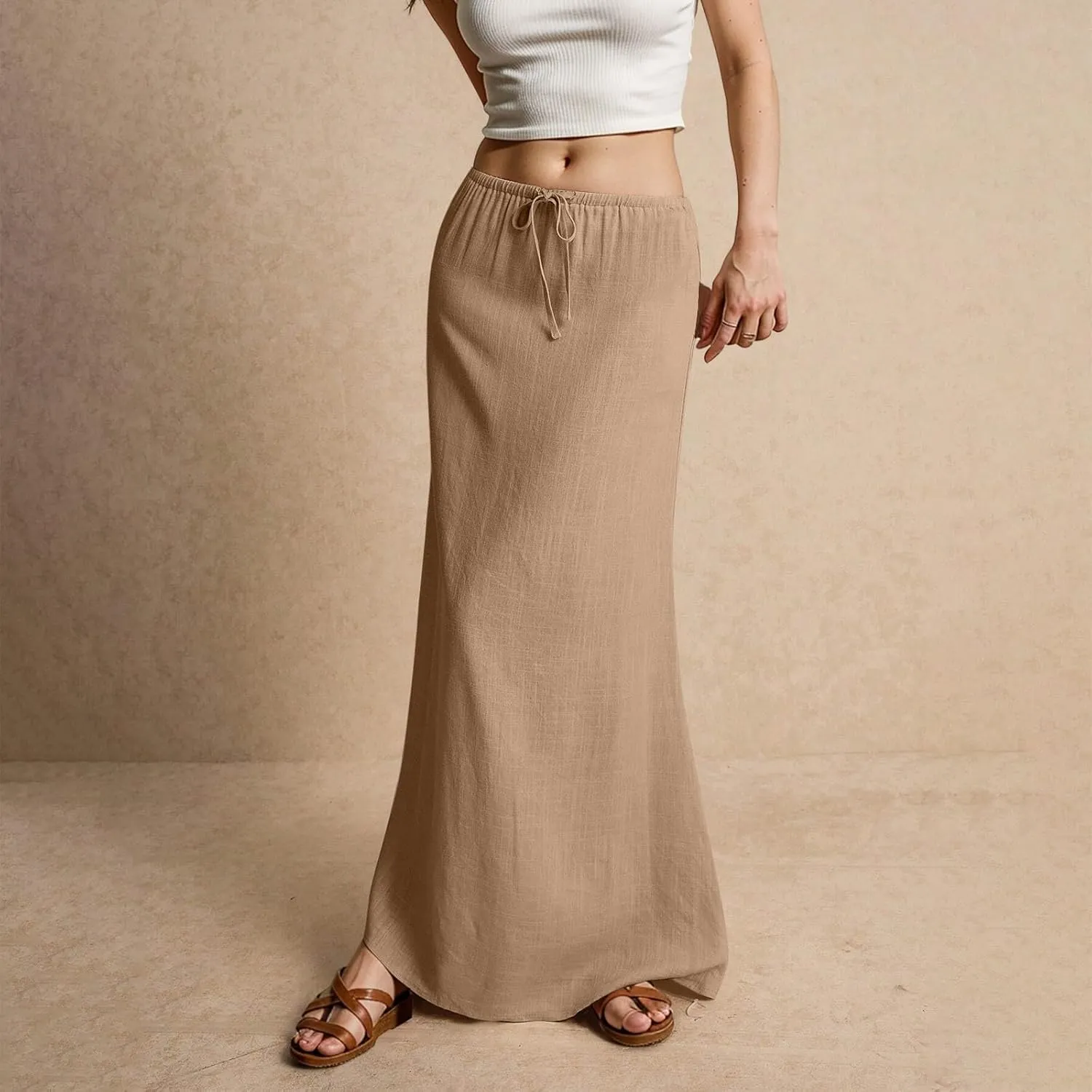 Women's High Waist Linen A-Line Maxi Skirt - Flowy Summer Skirts with Pockets, Casual & Trendy