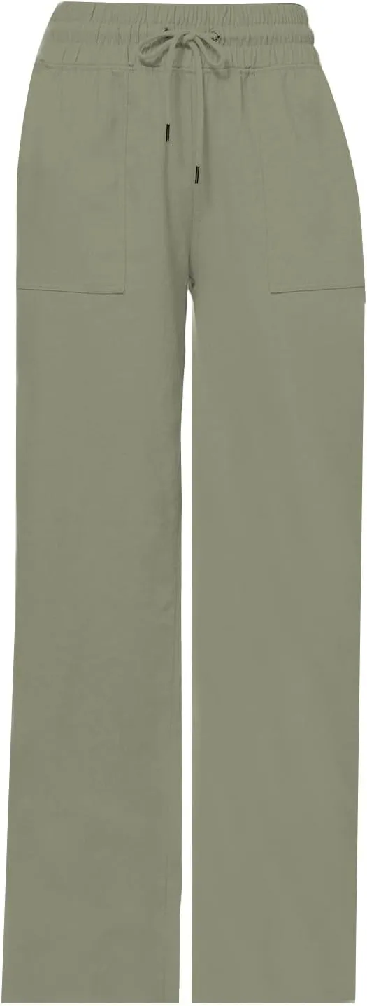Womens Linen High Waist Pants Wide Leg Palazzo Trousers Cotton Linen Drawstring Summer Pants with Pockets