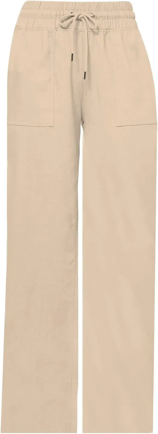 Womens Linen High Waist Pants Wide Leg Palazzo Trousers Cotton Linen Drawstring Summer Pants with Pockets