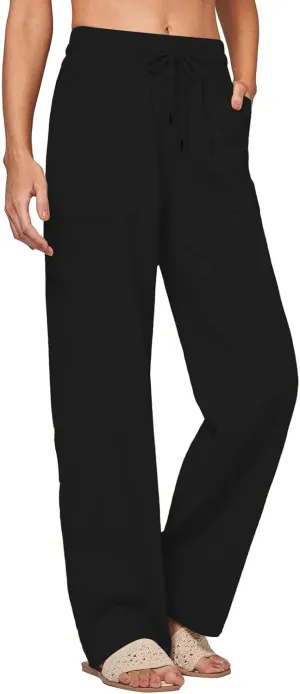Womens Linen High Waist Pants Wide Leg Palazzo Trousers Cotton Linen Drawstring Summer Pants with Pockets