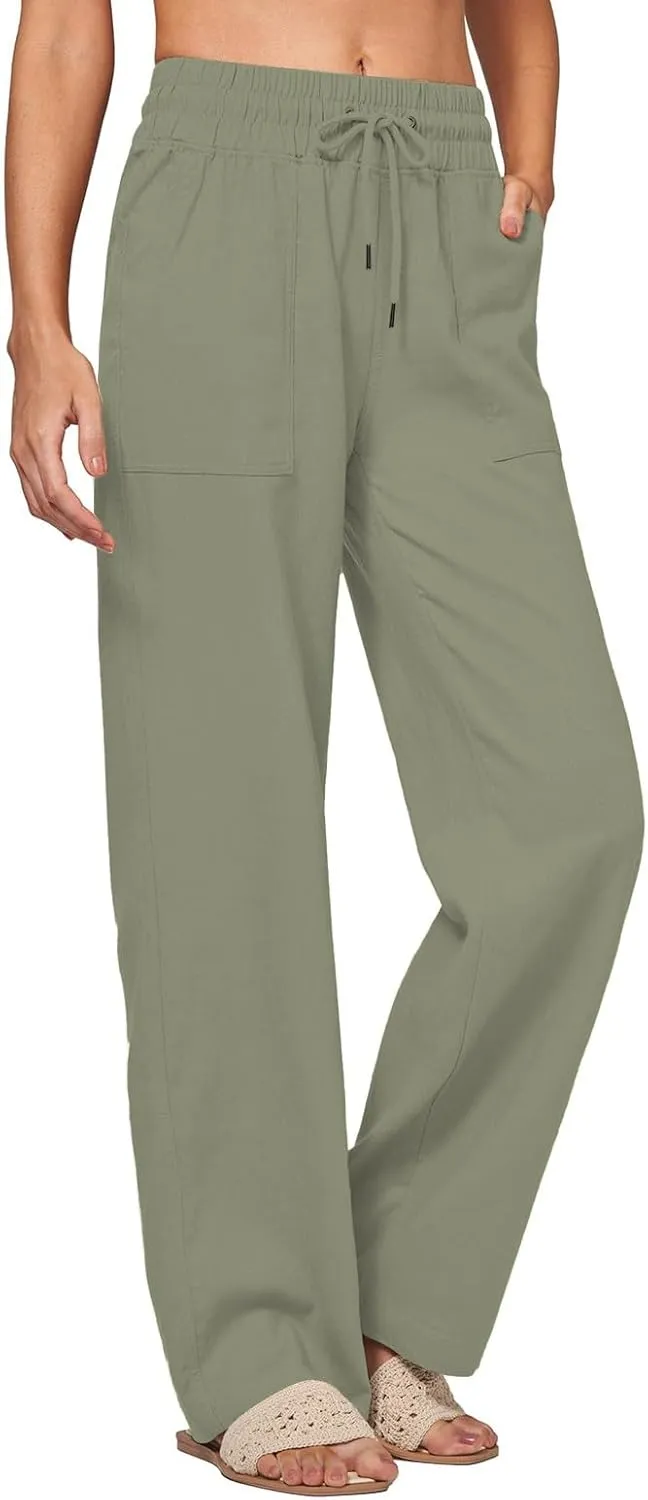Womens Linen High Waist Pants Wide Leg Palazzo Trousers Cotton Linen Drawstring Summer Pants with Pockets
