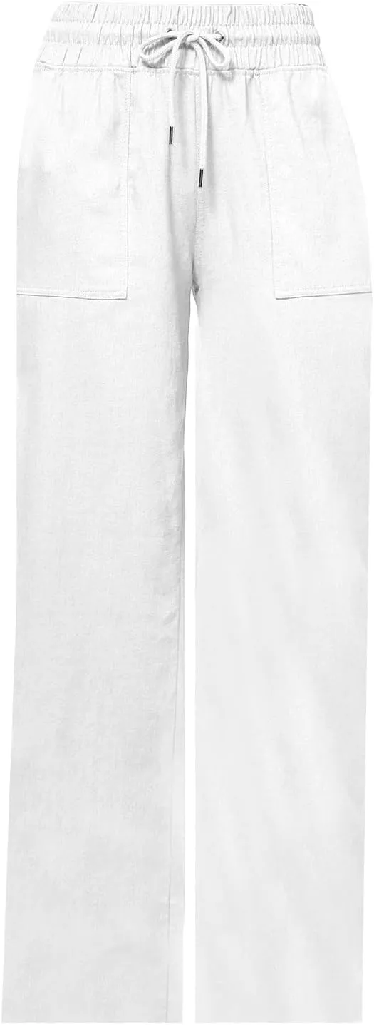 Womens Linen High Waist Pants Wide Leg Palazzo Trousers Cotton Linen Drawstring Summer Pants with Pockets