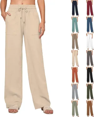 Womens Linen High Waist Pants Wide Leg Palazzo Trousers Cotton Linen Drawstring Summer Pants with Pockets