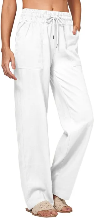 Womens Linen High Waist Pants Wide Leg Palazzo Trousers Cotton Linen Drawstring Summer Pants with Pockets