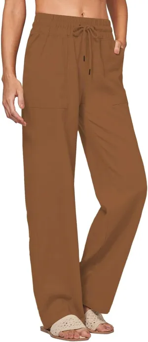 Womens Linen High Waist Pants Wide Leg Palazzo Trousers Cotton Linen Drawstring Summer Pants with Pockets