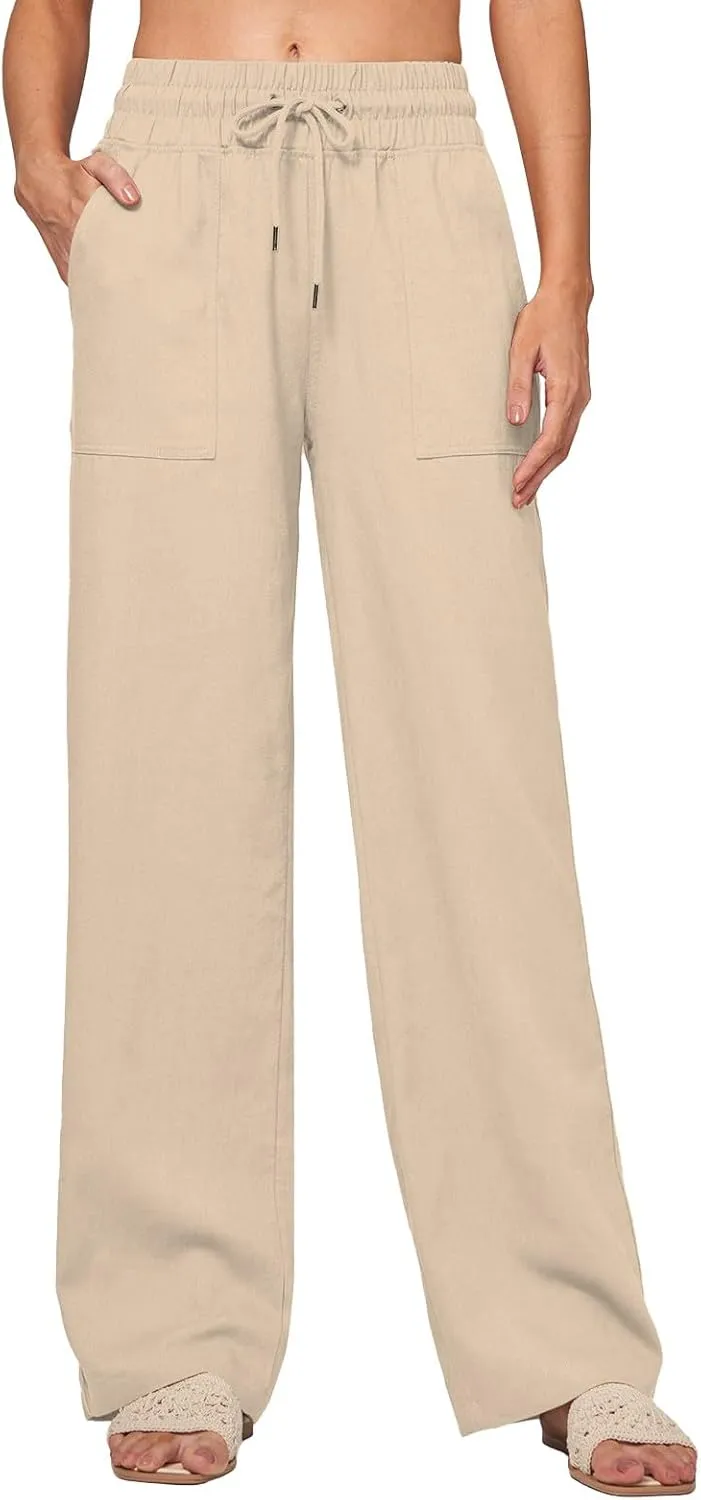 Womens Linen High Waist Pants Wide Leg Palazzo Trousers Cotton Linen Drawstring Summer Pants with Pockets