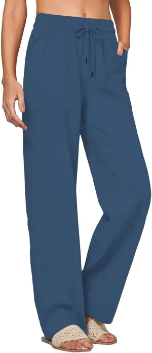 Womens Linen High Waist Pants Wide Leg Palazzo Trousers Cotton Linen Drawstring Summer Pants with Pockets