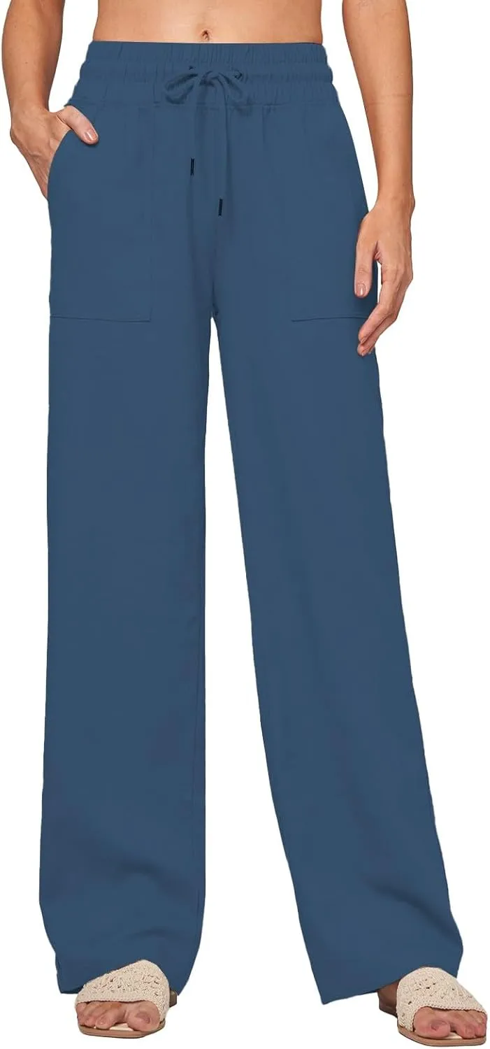 Womens Linen High Waist Pants Wide Leg Palazzo Trousers Cotton Linen Drawstring Summer Pants with Pockets