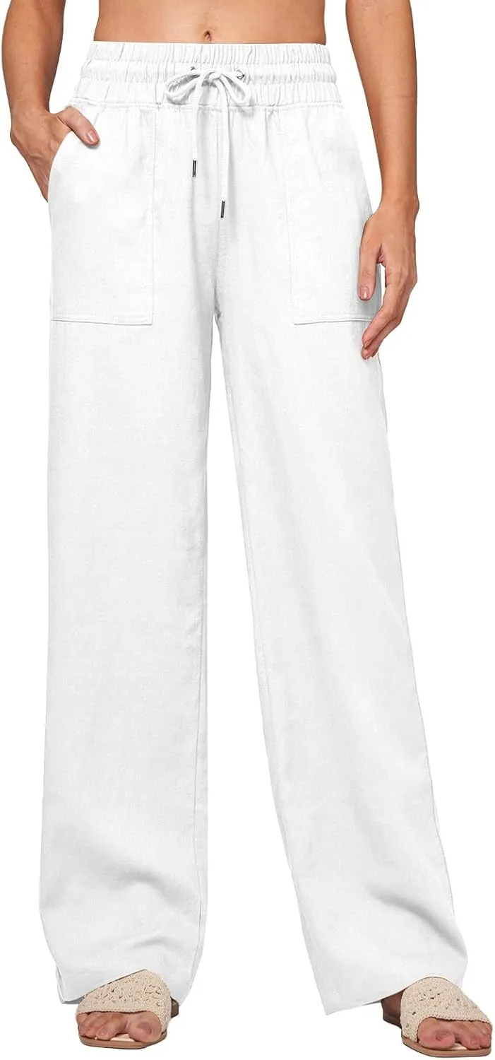 Womens Linen High Waist Pants Wide Leg Palazzo Trousers Cotton Linen Drawstring Summer Pants with Pockets