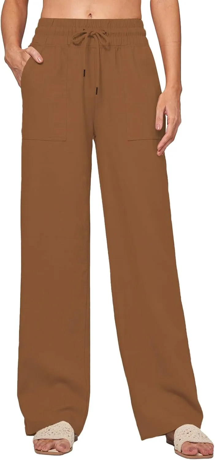 Womens Linen High Waist Pants Wide Leg Palazzo Trousers Cotton Linen Drawstring Summer Pants with Pockets