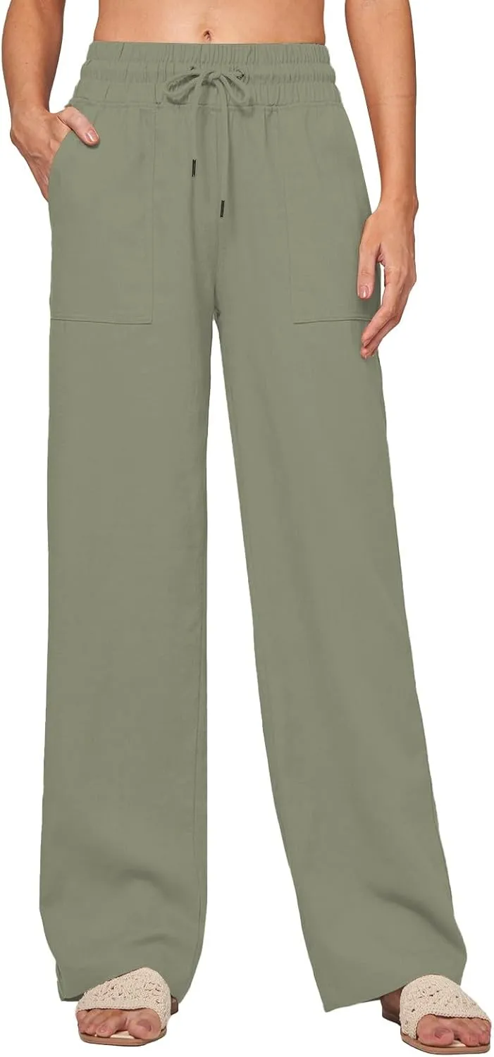 Womens Linen High Waist Pants Wide Leg Palazzo Trousers Cotton Linen Drawstring Summer Pants with Pockets