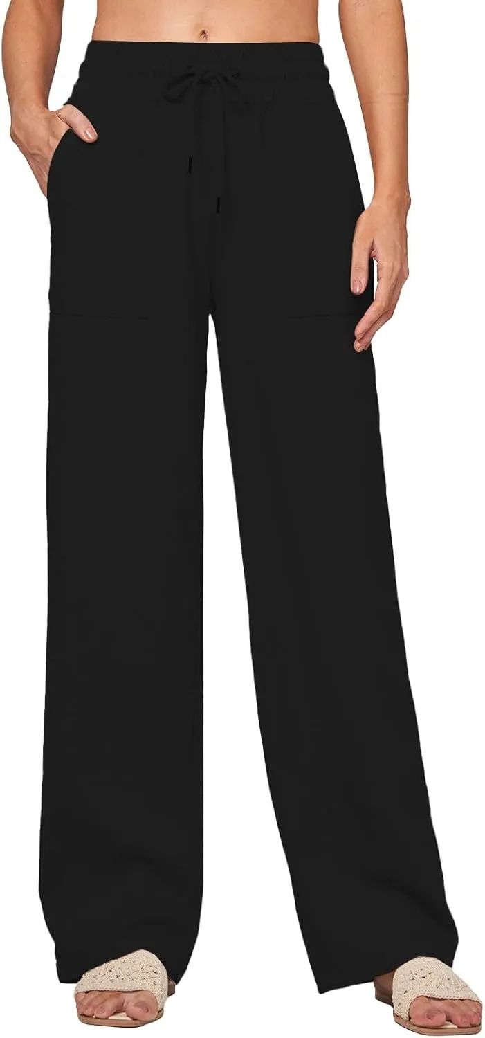 Womens Linen High Waist Pants Wide Leg Palazzo Trousers Cotton Linen Drawstring Summer Pants with Pockets