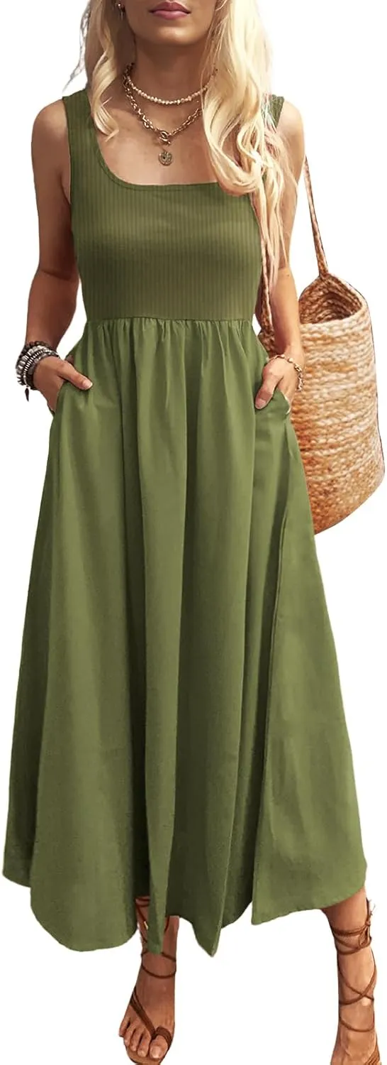 Women's Maxi Dress Summer Sleeveless Swing Sundress Casual Loose Tank Long Dresses with Pockets Army Green S
