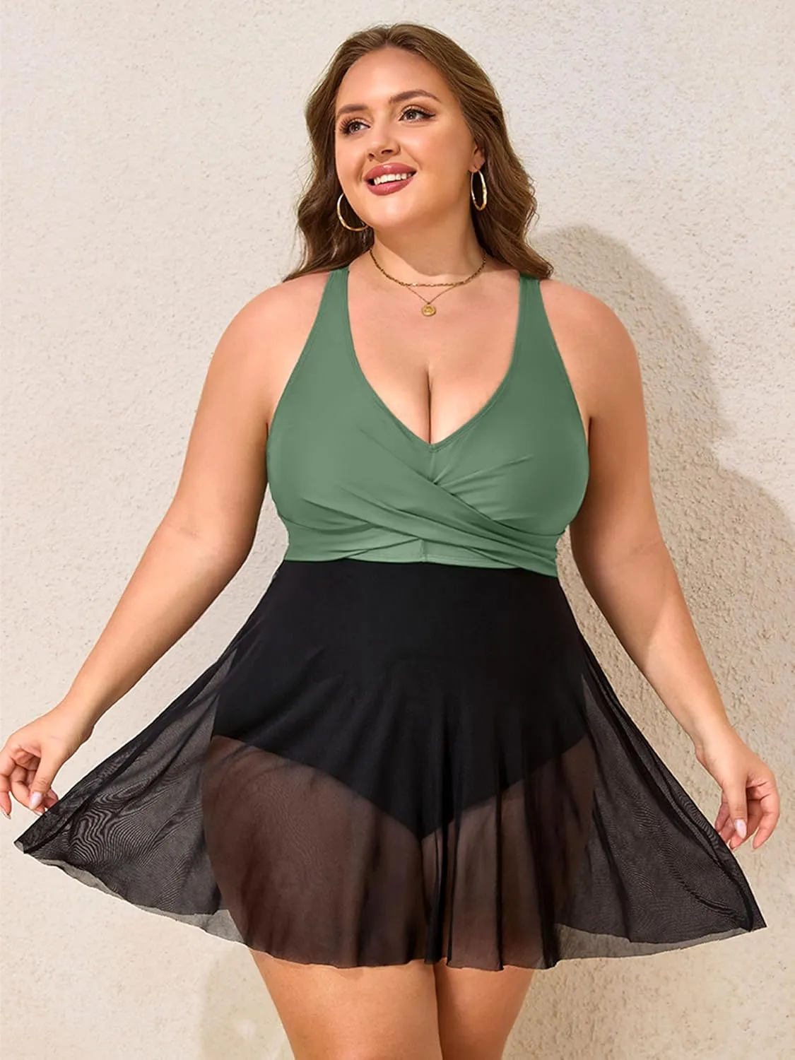 Womens Plus Size Swimsuit One Piece Bathing Suit Tummy Control Flowy Mesh Swim Dress V Neck Modest Swimwear 2025