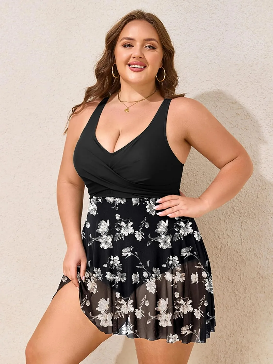 Womens Plus Size Swimsuit One Piece Bathing Suit Tummy Control Flowy Mesh Swim Dress V Neck Modest Swimwear 2025