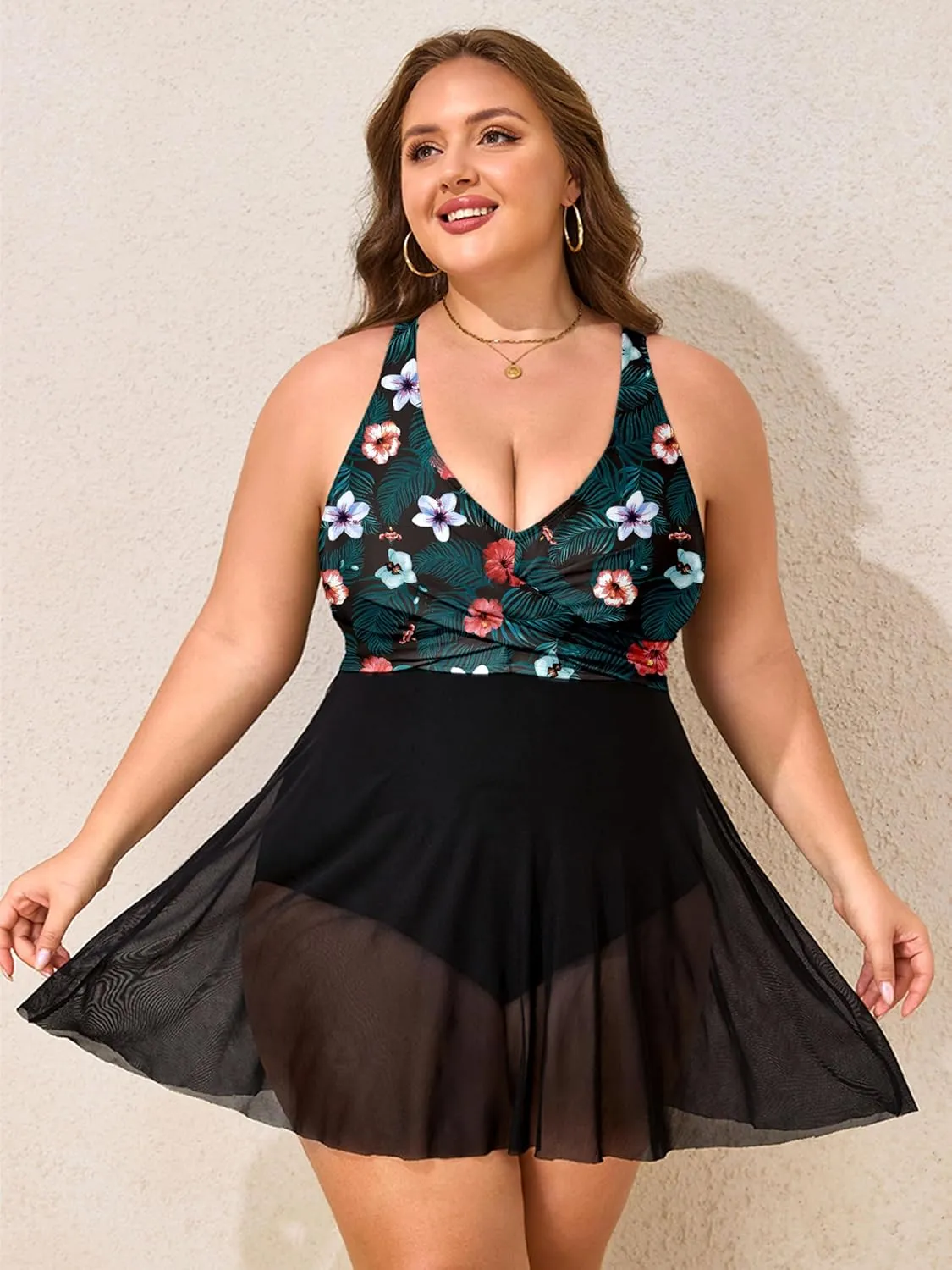 Womens Plus Size Swimsuit One Piece Bathing Suit Tummy Control Flowy Mesh Swim Dress V Neck Modest Swimwear 2025