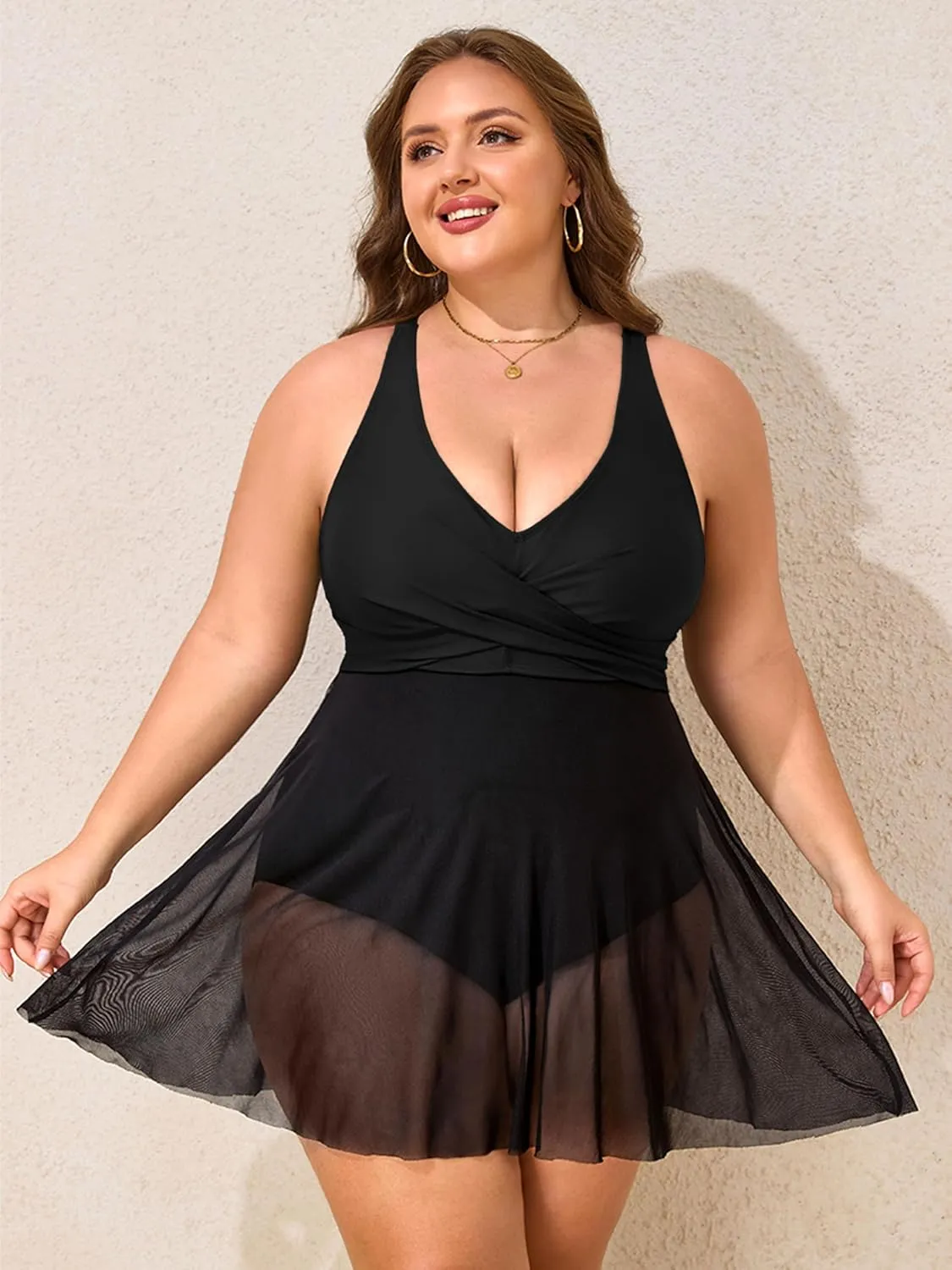 Womens Plus Size Swimsuit One Piece Bathing Suit Tummy Control Flowy Mesh Swim Dress V Neck Modest Swimwear 2025