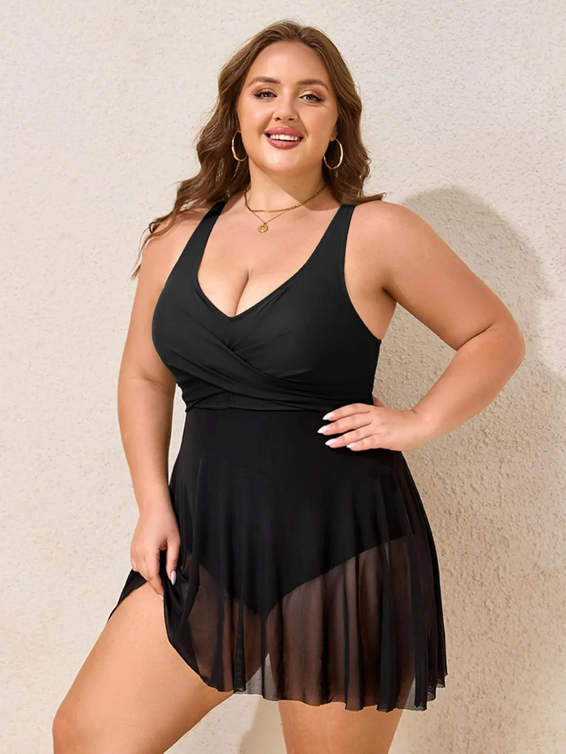Womens Plus Size Swimsuit One Piece Bathing Suit Tummy Control Flowy Mesh Swim Dress V Neck Modest Swimwear 2025