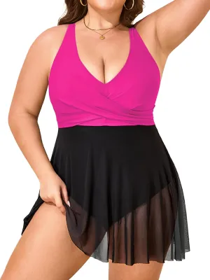 Womens Plus Size Swimsuit One Piece Bathing Suit Tummy Control Flowy Mesh Swim Dress V Neck Modest Swimwear 2025