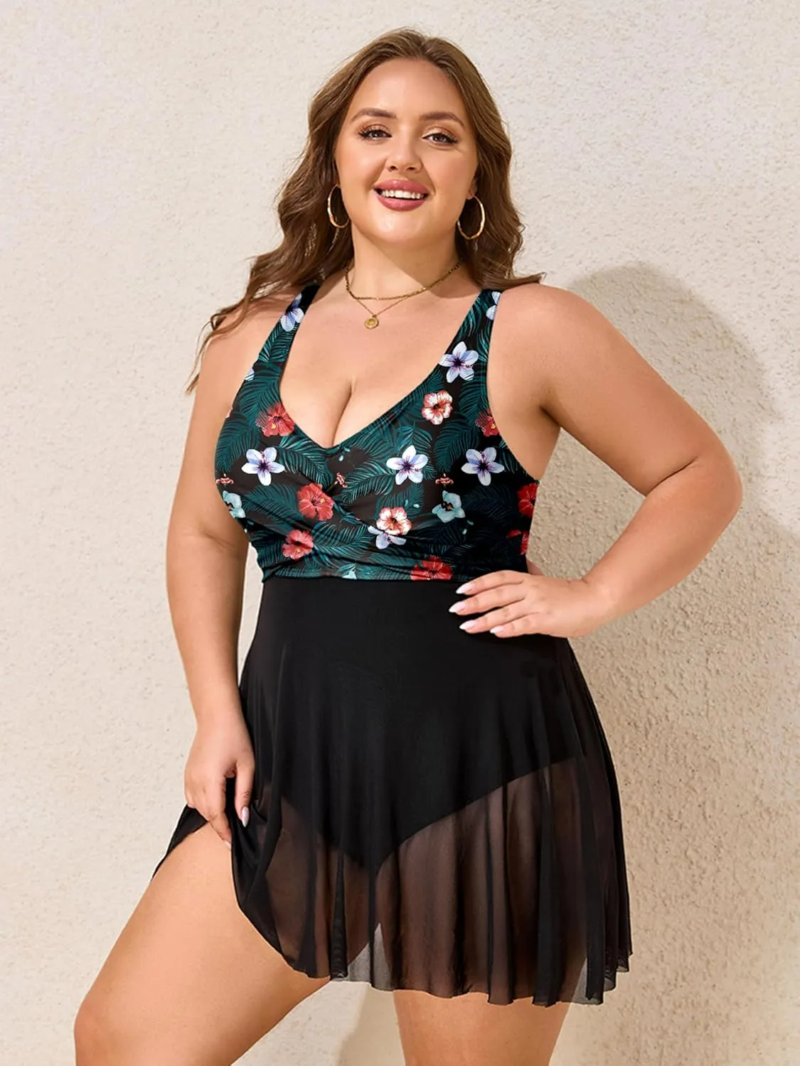 Womens Plus Size Swimsuit One Piece Bathing Suit Tummy Control Flowy Mesh Swim Dress V Neck Modest Swimwear 2025