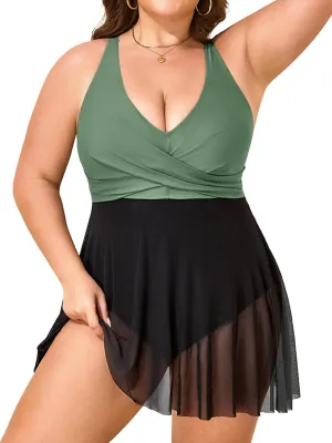 Womens Plus Size Swimsuit One Piece Bathing Suit Tummy Control Flowy Mesh Swim Dress V Neck Modest Swimwear 2025