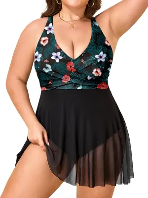 Womens Plus Size Swimsuit One Piece Bathing Suit Tummy Control Flowy Mesh Swim Dress V Neck Modest Swimwear 2025