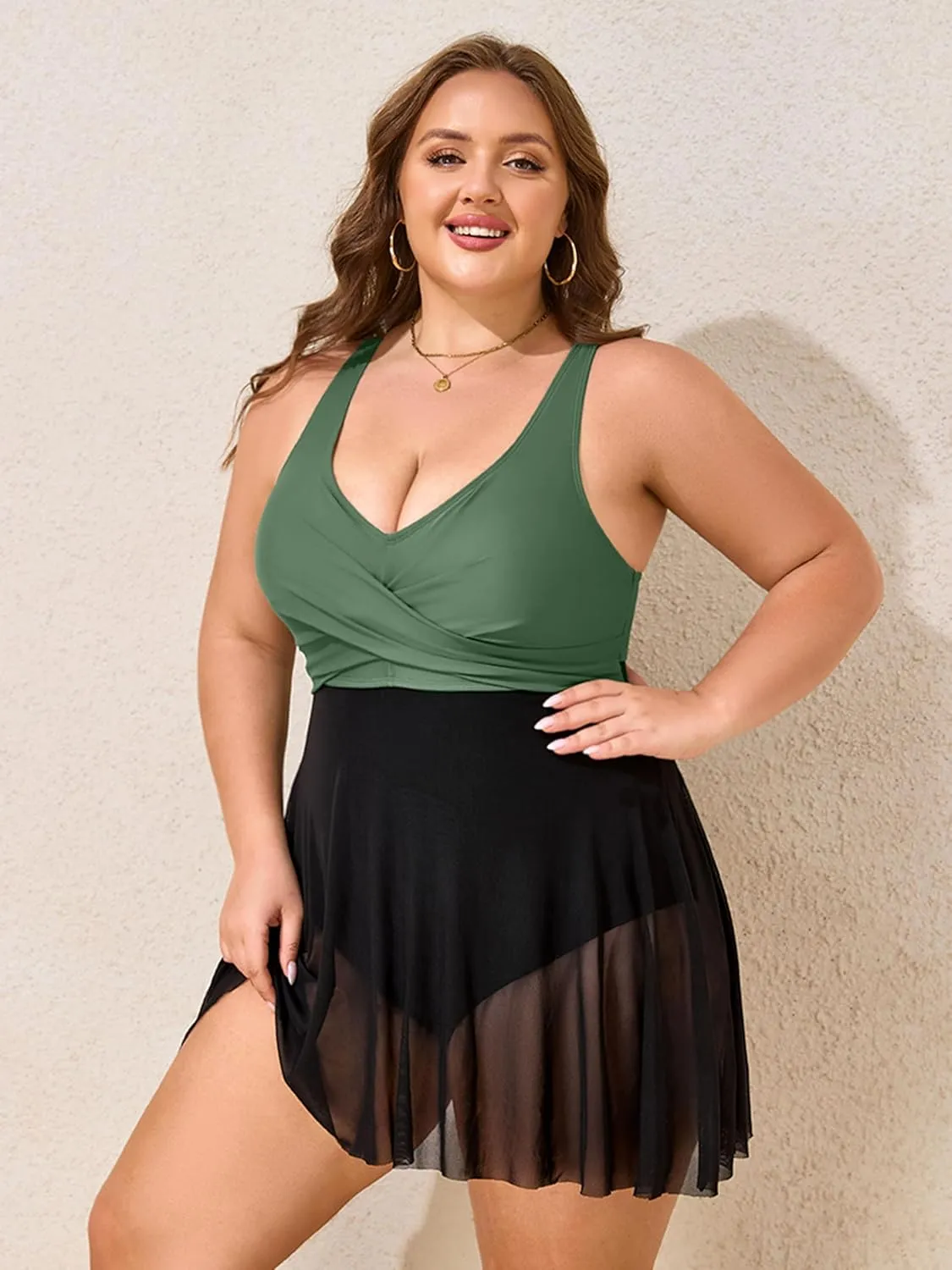 Womens Plus Size Swimsuit One Piece Bathing Suit Tummy Control Flowy Mesh Swim Dress V Neck Modest Swimwear 2025