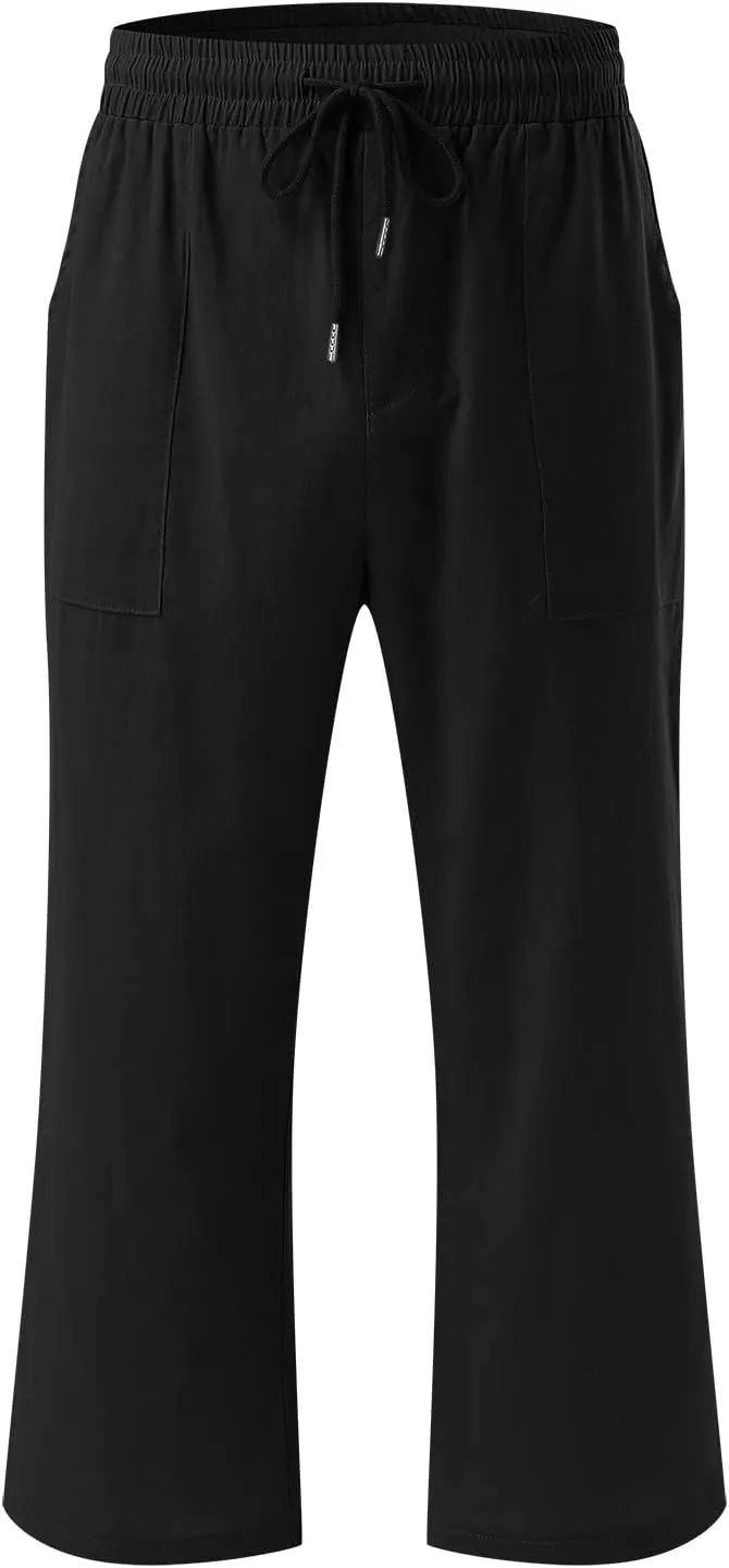Womens Summer Fashion Capri Pants Casual Drawstring Elastic High Waist Linen Pant Straight Cropped Trousers