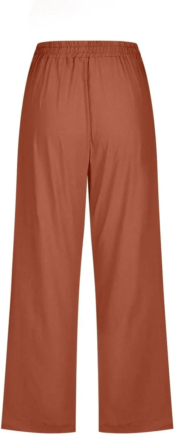Womens Summer Fashion Capri Pants Casual Drawstring Elastic High Waist Linen Pant Straight Cropped Trousers