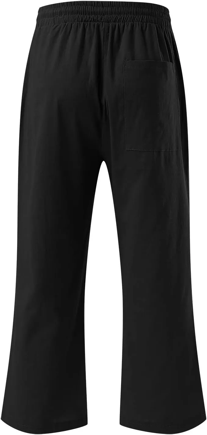 Womens Summer Fashion Capri Pants Casual Drawstring Elastic High Waist Linen Pant Straight Cropped Trousers