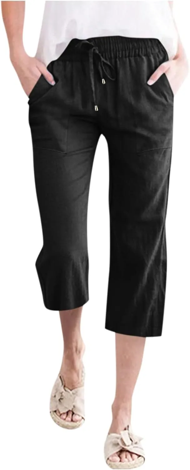 Womens Summer Fashion Capri Pants Casual Drawstring Elastic High Waist Linen Pant Straight Cropped Trousers