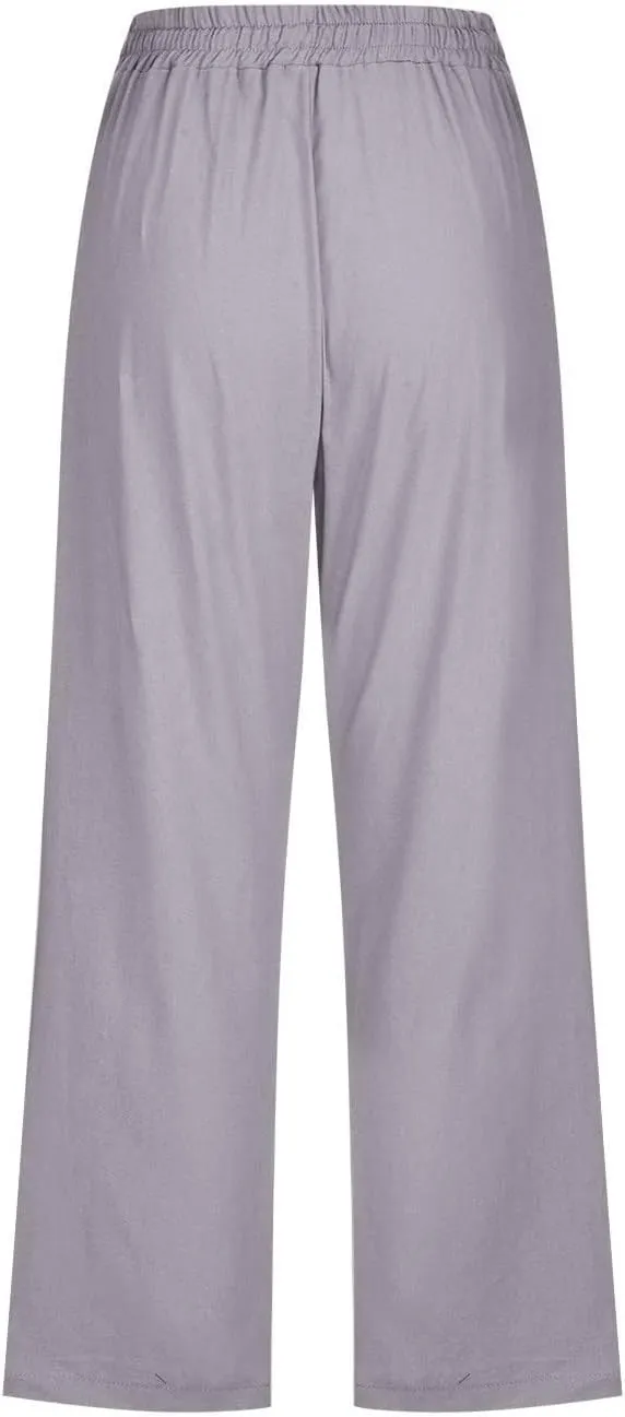Womens Summer Fashion Capri Pants Casual Drawstring Elastic High Waist Linen Pant Straight Cropped Trousers