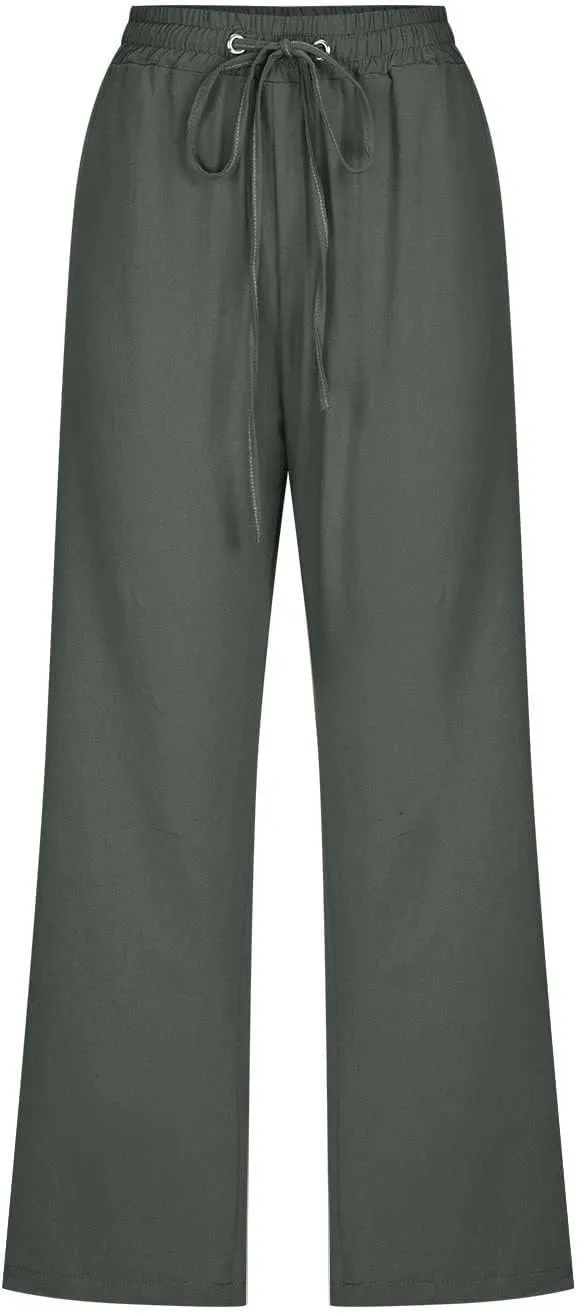 Womens Summer Fashion Capri Pants Casual Drawstring Elastic High Waist Linen Pant Straight Cropped Trousers