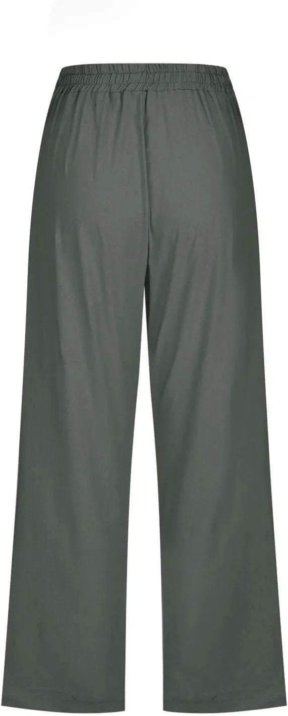 Womens Summer Fashion Capri Pants Casual Drawstring Elastic High Waist Linen Pant Straight Cropped Trousers