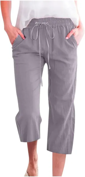 Womens Summer Fashion Capri Pants Casual Drawstring Elastic High Waist Linen Pant Straight Cropped Trousers