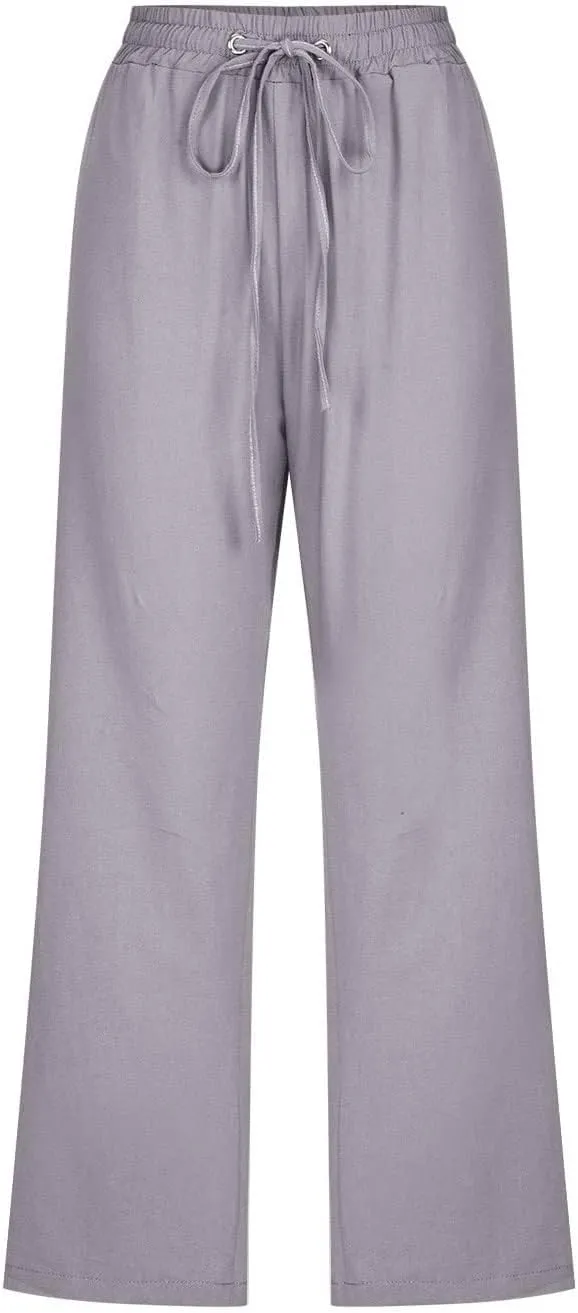 Womens Summer Fashion Capri Pants Casual Drawstring Elastic High Waist Linen Pant Straight Cropped Trousers