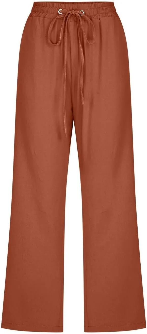 Womens Summer Fashion Capri Pants Casual Drawstring Elastic High Waist Linen Pant Straight Cropped Trousers