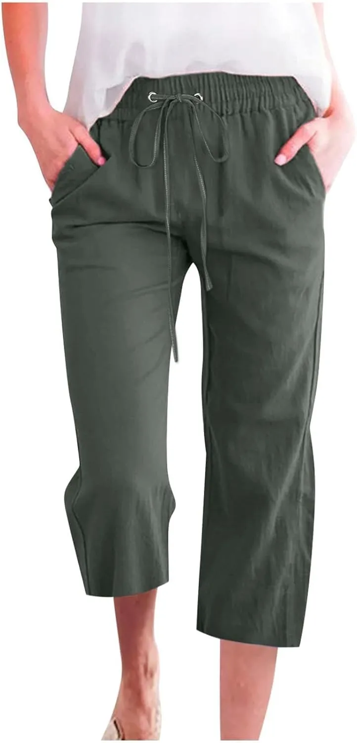 Womens Summer Fashion Capri Pants Casual Drawstring Elastic High Waist Linen Pant Straight Cropped Trousers