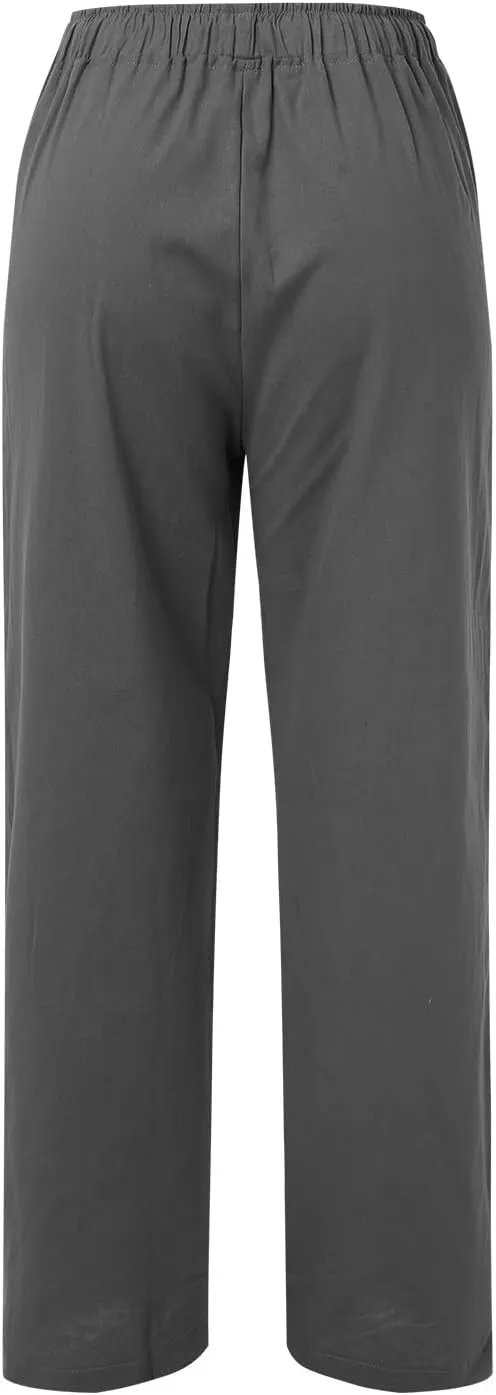 Womens Summer Linen Pants Wide Leg Casual Palazzo Pant Lounge High Waisted Beach Long Trousers Pants with Pockets