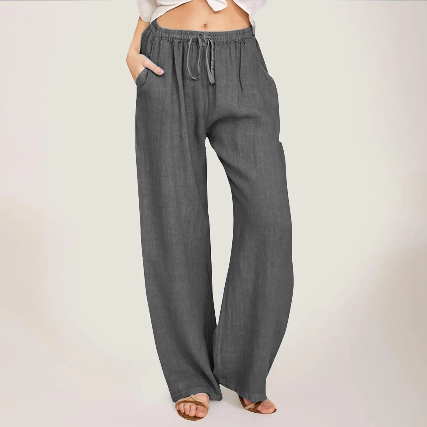 Womens Summer Linen Pants Wide Leg Casual Palazzo Pant Lounge High Waisted Beach Long Trousers Pants with Pockets